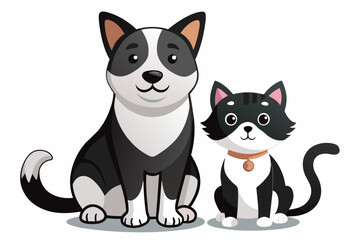 A small black and white cat, along with a large black & white dog, are together and happy isolated
on white background, Looks clean