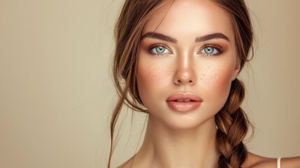 Fototapeta premium Captivating Portrait of a Beautiful Woman with Long Straight Hair and an Intricate Braid, Showcasing a Natural Makeup Look
