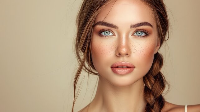 Captivating Portrait of a Beautiful Woman with Long Straight Hair and an Intricate Braid, Showcasing a Natural Makeup Look