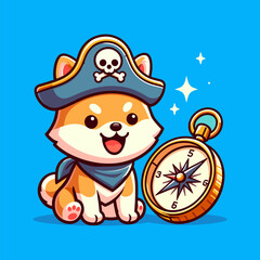 Shiba Inu in cute pirate costume holding compass