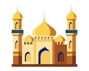Arabic muslim mosque and minaret. Mosque muslim arabic architecture religious graphics. Prayer building islamic culture. Flat style, sacred architecture. Vector illustration.