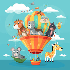 Cartoon animals flying on hot air balloons. Retro flying dirigibles and hot air balloon with animals on board flat vector illustration set. Cute characters flying on air transport