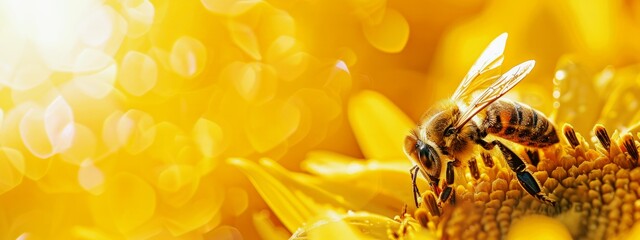 striped honey bee collects nectar and pollen from yellow flowers banner wallpaper nature background - obrazy, fototapety, plakaty