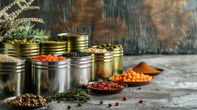 Assorted tins filled with different types of food. Ideal for food and nutrition concepts