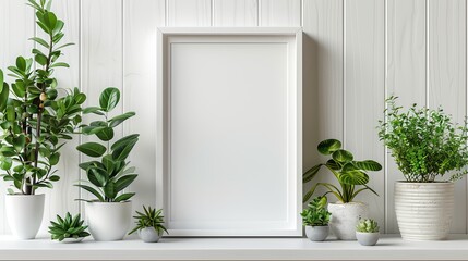 Minimal composition featuring a white square frame and a cluster of indoor plants arranged on a bookshelf.