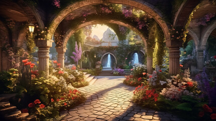 Fototapeta na wymiar Archway in an enchanted fairy garden landscape