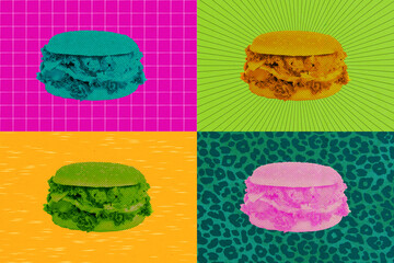 Composite trend image photo collage of vibrant pop vintage silhouette four tasty burger junk food donuts snack cafe different background