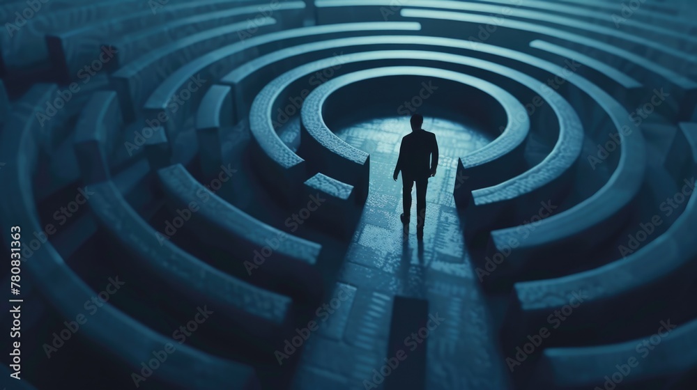 Poster a man standing in front of a circular maze. suitable for business concept designs