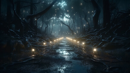 Fantasy forest at night, magic glowing path and lights in fairytale wood - obrazy, fototapety, plakaty