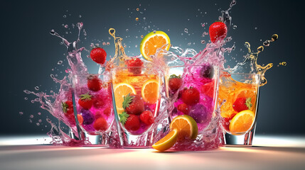Fruit falling into a collection of cocktails in glasses