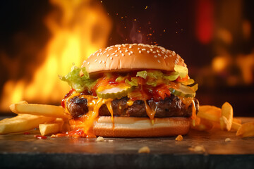 Tasty burger with french fries and fire