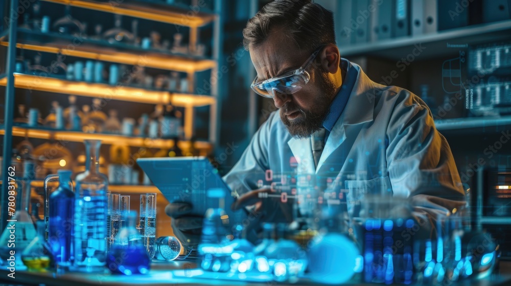 Aufkleber A man in a lab coat working on a laptop. Suitable for science and technology concepts