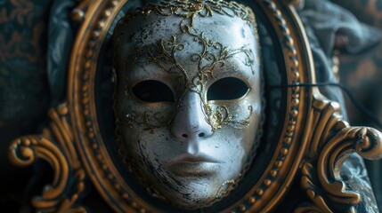 Close up of a mask reflected in a mirror. Suitable for Halloween themes