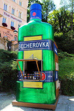 Karlovy Vary, Czech Republic - August 10, 2023: Kiosk selling famous beverage Becherovka, a 32 herbal bitters made in Karlovy Vary by Jan Becher