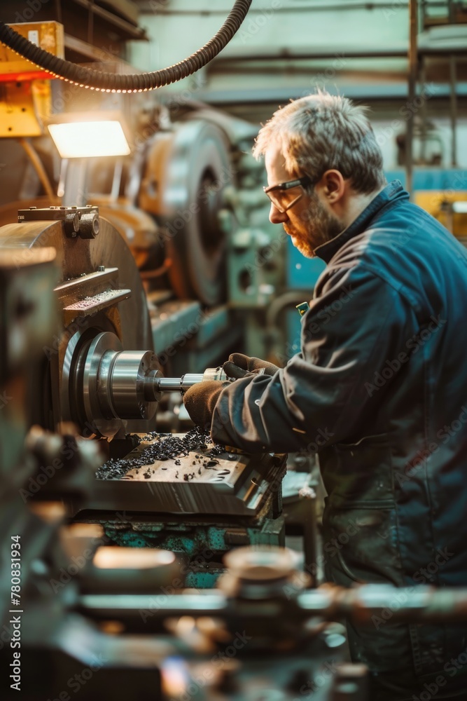 Poster a man operating machinery in a factory. suitable for industrial concepts