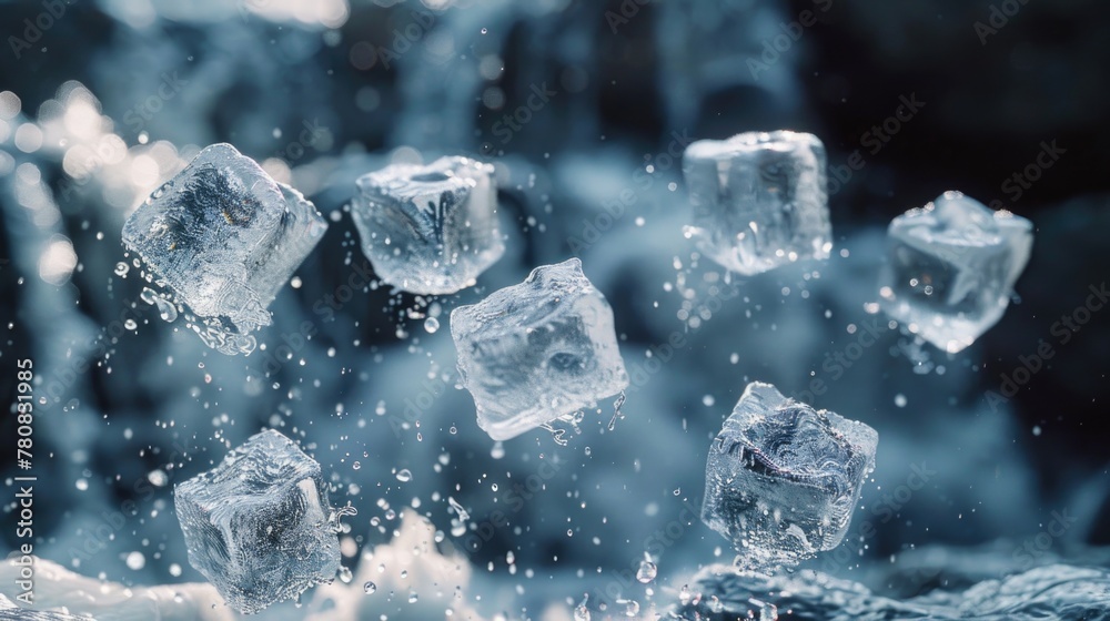 Poster A unique image of ice cubes floating in the air. Perfect for creative projects or advertising
