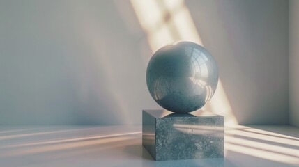 A blue sphere resting on a marble block. Ideal for abstract concepts and modern design projects