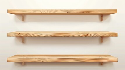 Realistic depiction of a set of empty wooden store shelves, featuring a wood texture. Vector illustration of a grocery wall rack.