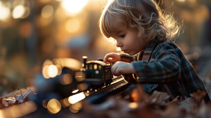 A young child playing with a toy train on a track.