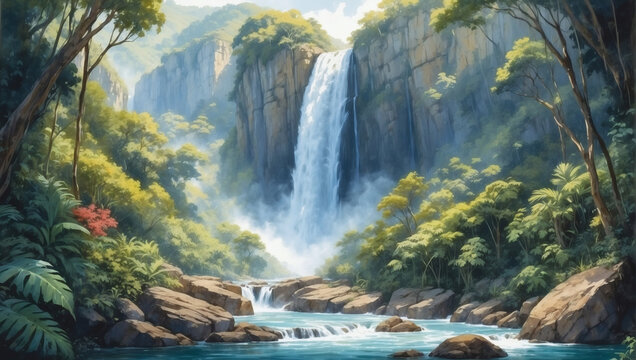 Watercolor painting of a majestic waterfall cascading down rugged cliffs, surrounded by lush tropical foliage.