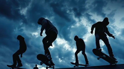 A group of people riding skateboards on top of a ramp. Perfect for sports and outdoor activities