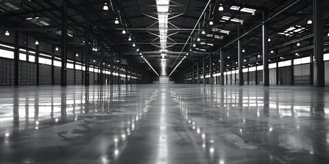 An empty warehouse captured in black and white. Suitable for industrial and commercial use
