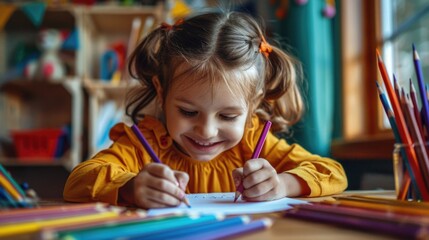 A little girl sitting at a table with colored pencils. Perfect for educational and creative projects