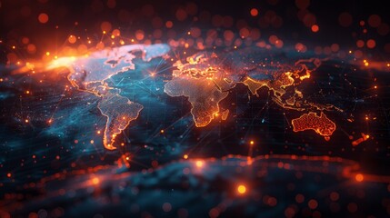 Abstract global network concept with world map and glowing connections on dark background, representing data transfer technology and digital communication