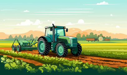 tractor in field with vegetables harvesting, agriculture farming nature vector landscape illustration