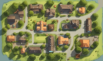 top view dron shot of village vector flat isolated illustration - obrazy, fototapety, plakaty