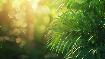 Tropical Palm Tree Background: Isolated Leaf with Soft Bokeh Effect in the Sun, Perfect for Presentations and Texts. - 780832394