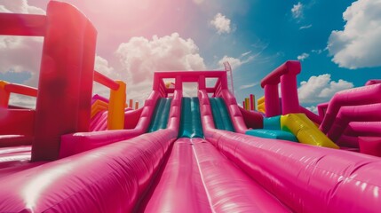 Inflatable bouncy castle, for an outdoor play area for kids or a birthday party event. Colorful inflatable castles and slides 
