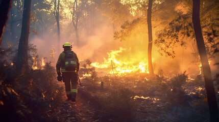 Firefighters works on fire, fireman walks through burning forest - obrazy, fototapety, plakaty