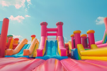 Inflatable bouncy castle, for an outdoor play area for kids or a birthday party event. Colorful inflatable castles and slides 
