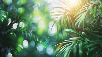 Tropical Palm Tree Background: Isolated Leaf with Soft Bokeh Effect in the Sun, Perfect for Presentations and Texts. - 780832522