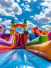 Inflatable bouncy castle, for an outdoor play area for kids or a birthday party event. Colorful inflatable castles and slides 
