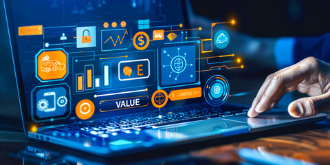 Concept of delivering value through digital business solutions, shown by a laptop displaying icons representing customer value, teamwork, analytics, and value proposition on a virtual interface - obrazy, fototapety, plakaty