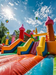 Inflatable bouncy castle, for an outdoor play area for kids or a birthday party event. Colorful inflatable castles and slides 
