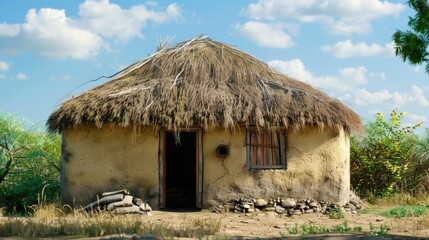 Fototapeta na wymiar Traditional thatched hut with rustic door and window. Suitable for travel brochures or rural living themes