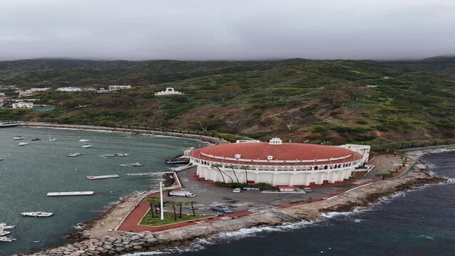 Vertical aerial coverage of Catalina Island on cloudy Day