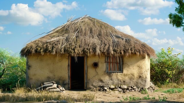 Traditional thatched hut with rustic door and window. Suitable for travel brochures or rural living themes