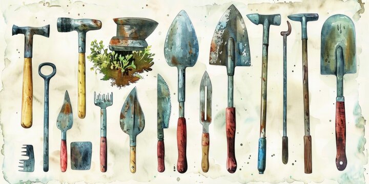 Vibrant painting of various garden tools. Perfect for gardening enthusiasts