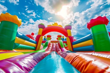 Inflatable bouncy castle, for an outdoor play area for kids or a birthday party event. Colorful inflatable castles and slides 
