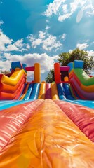 Inflatable bouncy castle, for an outdoor play area for kids or a birthday party event. Colorful inflatable castles and slides 
