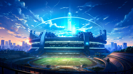Modern Stadium with Holographic Display at Twilight