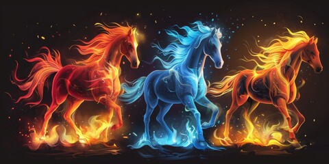 A group of horses running through a field of fire. - obrazy, fototapety, plakaty