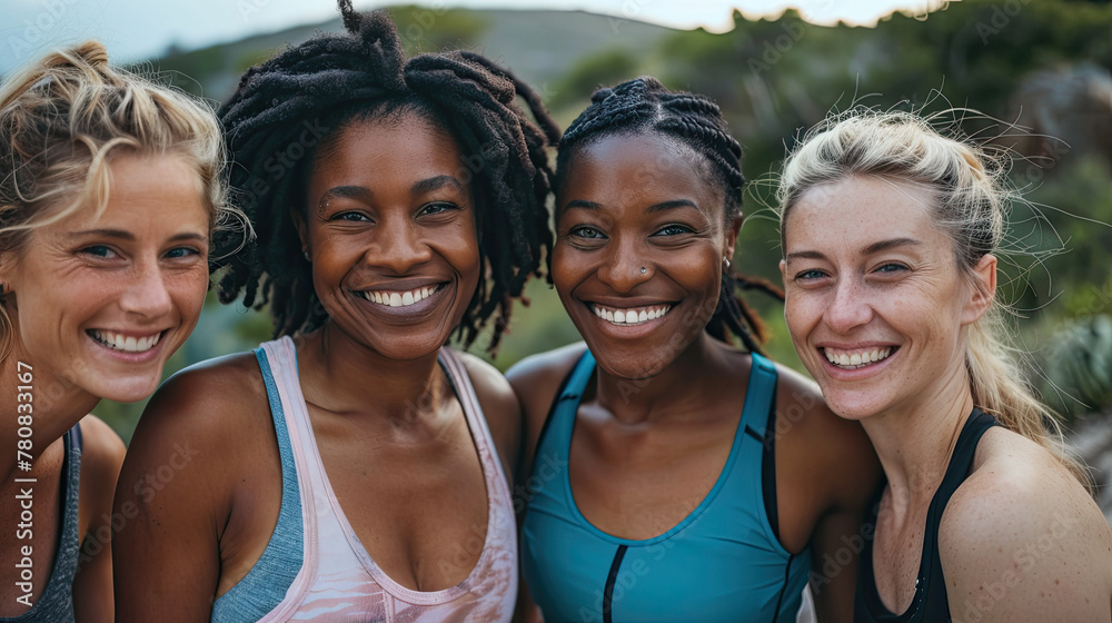 Wall mural happy multi generational women having fun together - multiracial friends smiling, workout outdoor