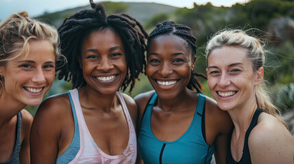 Happy multi generational women having fun together - Multiracial friends smiling, workout outdoor - obrazy, fototapety, plakaty