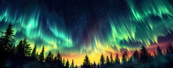 Awe Inspiring Celestial Dance A Stunning Aurora Borealis Display Illuminating the Tranquil Silhouetted Forest Landscape - obrazy, fototapety, plakaty