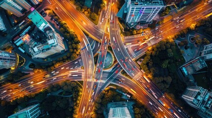 Aerial view of a city intersection at night. Perfect for urban planning concepts